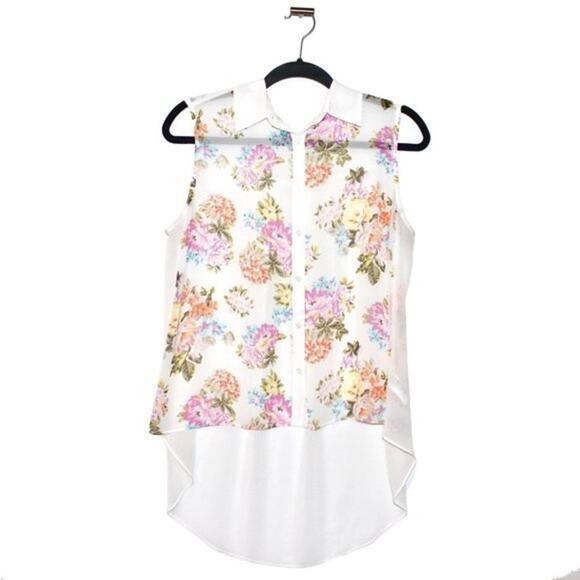 Pastel Floral High-Low Chiffon Button Up Blouse Large - Picture 1 of 3